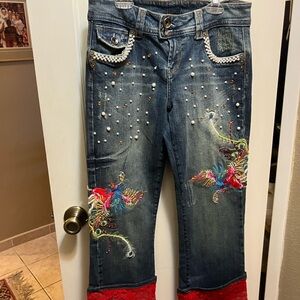 Embellished Denim Jeans with Red Accents